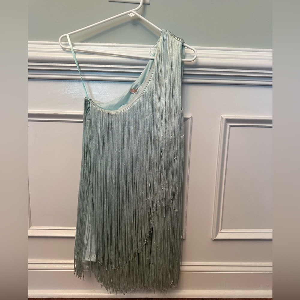 Anthropology x Hutch one shoulder mint green fringe mini dress size XS